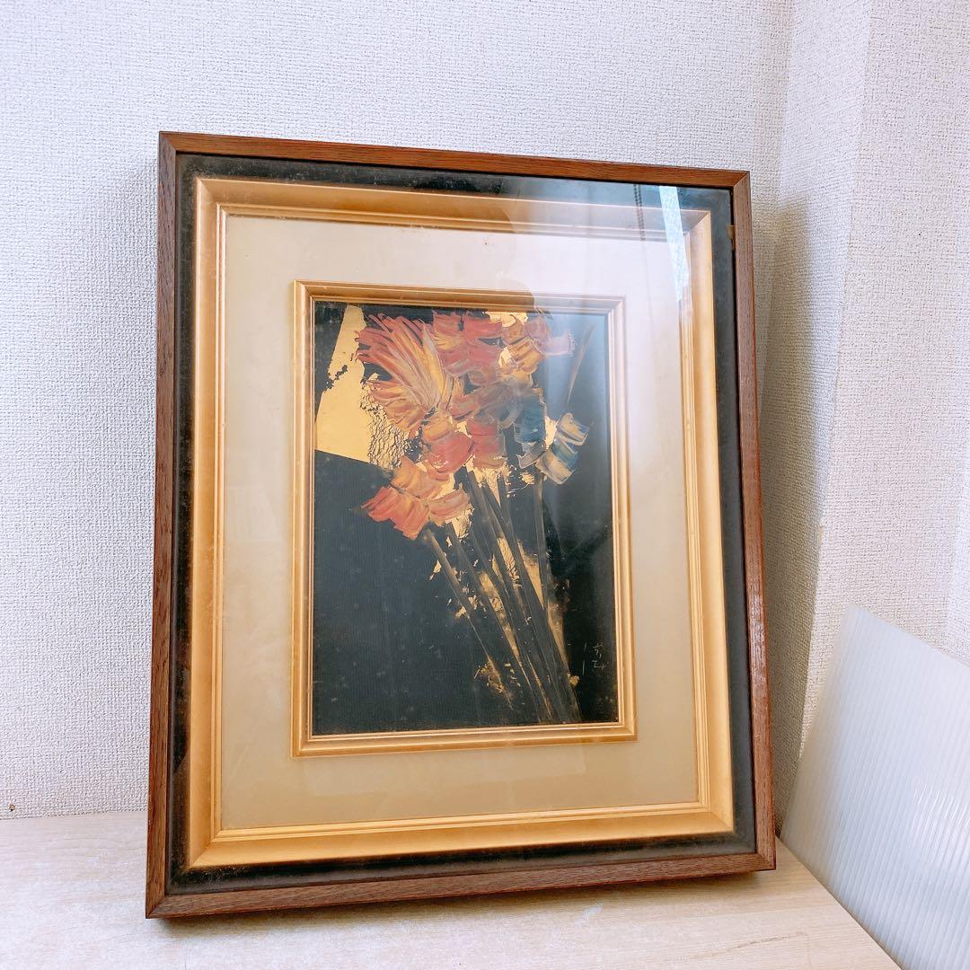 c*c様 輪島塗 角偉三郎 漆絵沈金『花』額装 工芸品 額付絵画 アート インテ