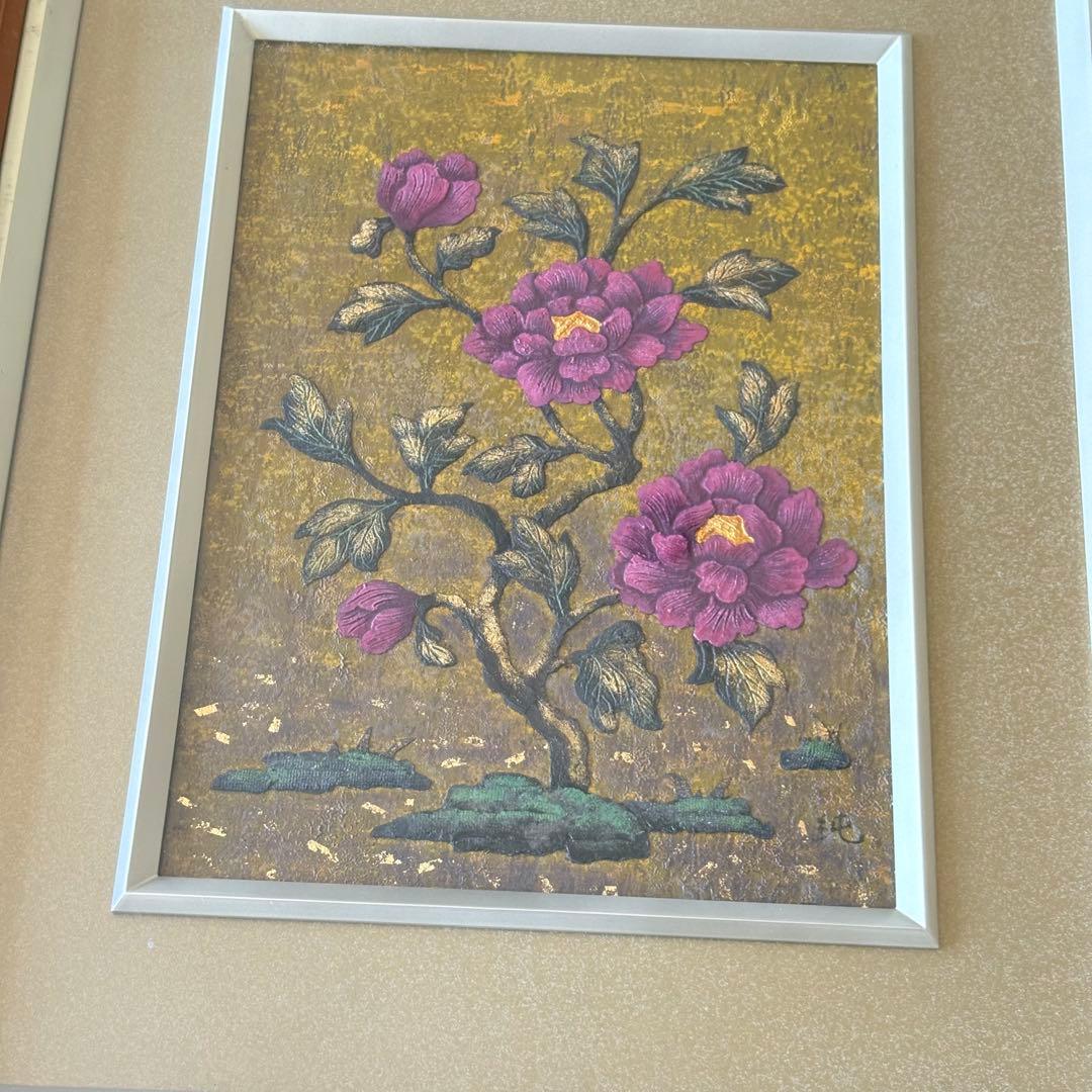 木下純寛 漆絵「牡丹」額装 共シール 三軌会評議委員 漆画作家 漆工芸家 K