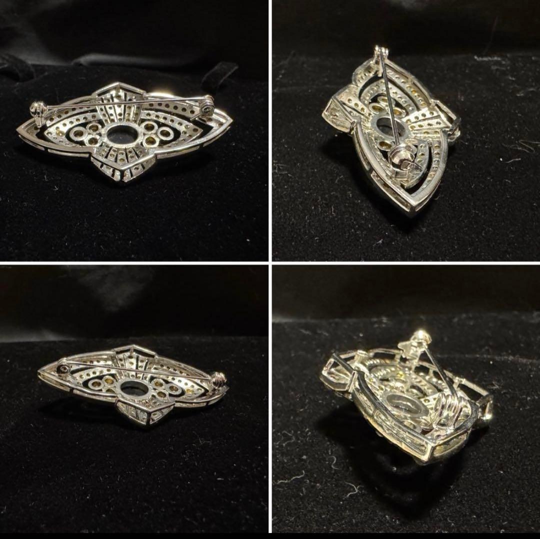 フランス　ヴィンテージ 銀張りのライトストーンと黒色石のブローチ　長期保存