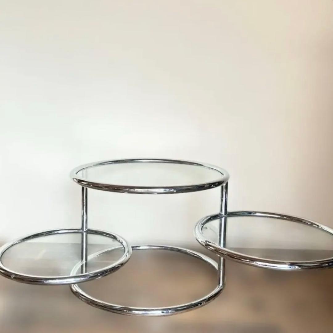 ミッドセンチュリー ガラステーブル４段 丸テーブル 可変式 モダン