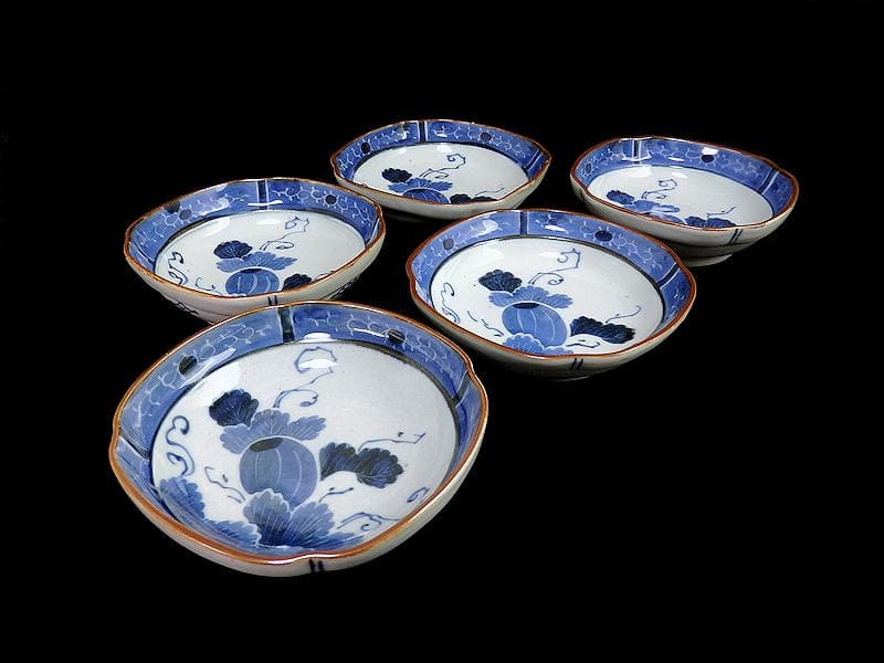 古伊万里　染付　墨弾き　瓜の図　膾皿　5客　C746AS-CEs
