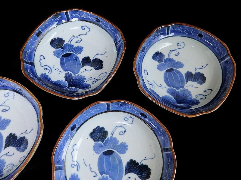 古伊万里　染付　墨弾き　瓜の図　膾皿　5客　C746AS-CEs