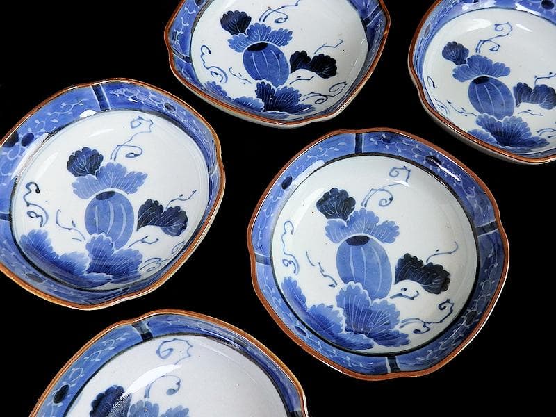 古伊万里　染付　墨弾き　瓜の図　膾皿　5客　C746AS-CEs