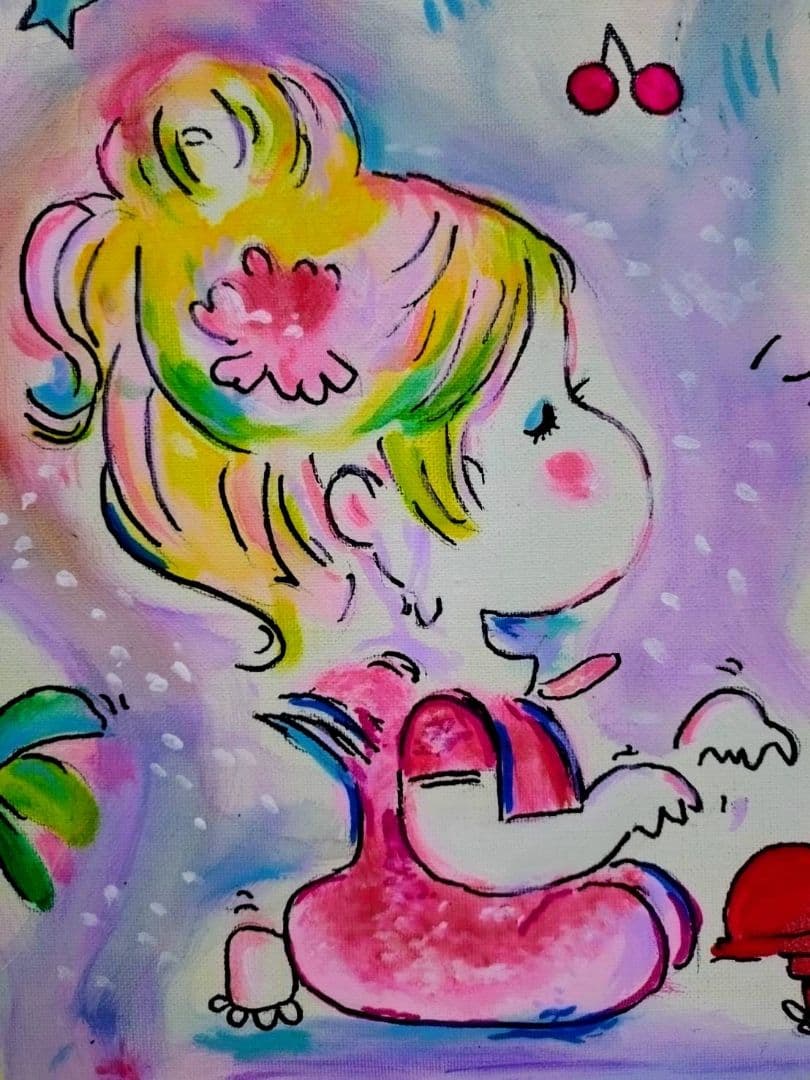 【F6号】水森亜土　手描き作品/表裏サイン・裏描き有/油彩/アクリル/額縁/額装