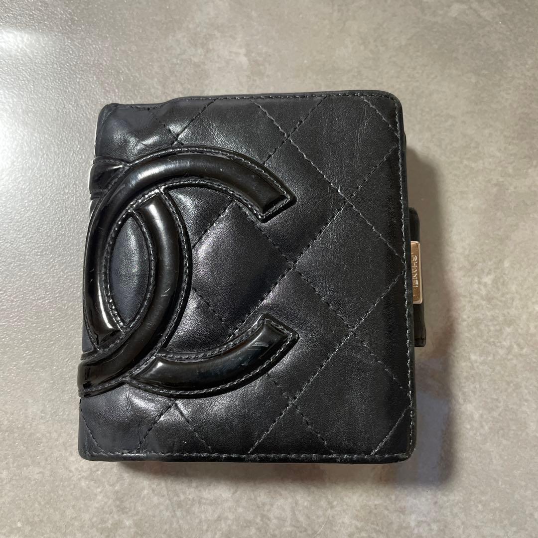シャネル　カンボンライン　ラムスキン　がま口　折り財布　ブラック　ピンク