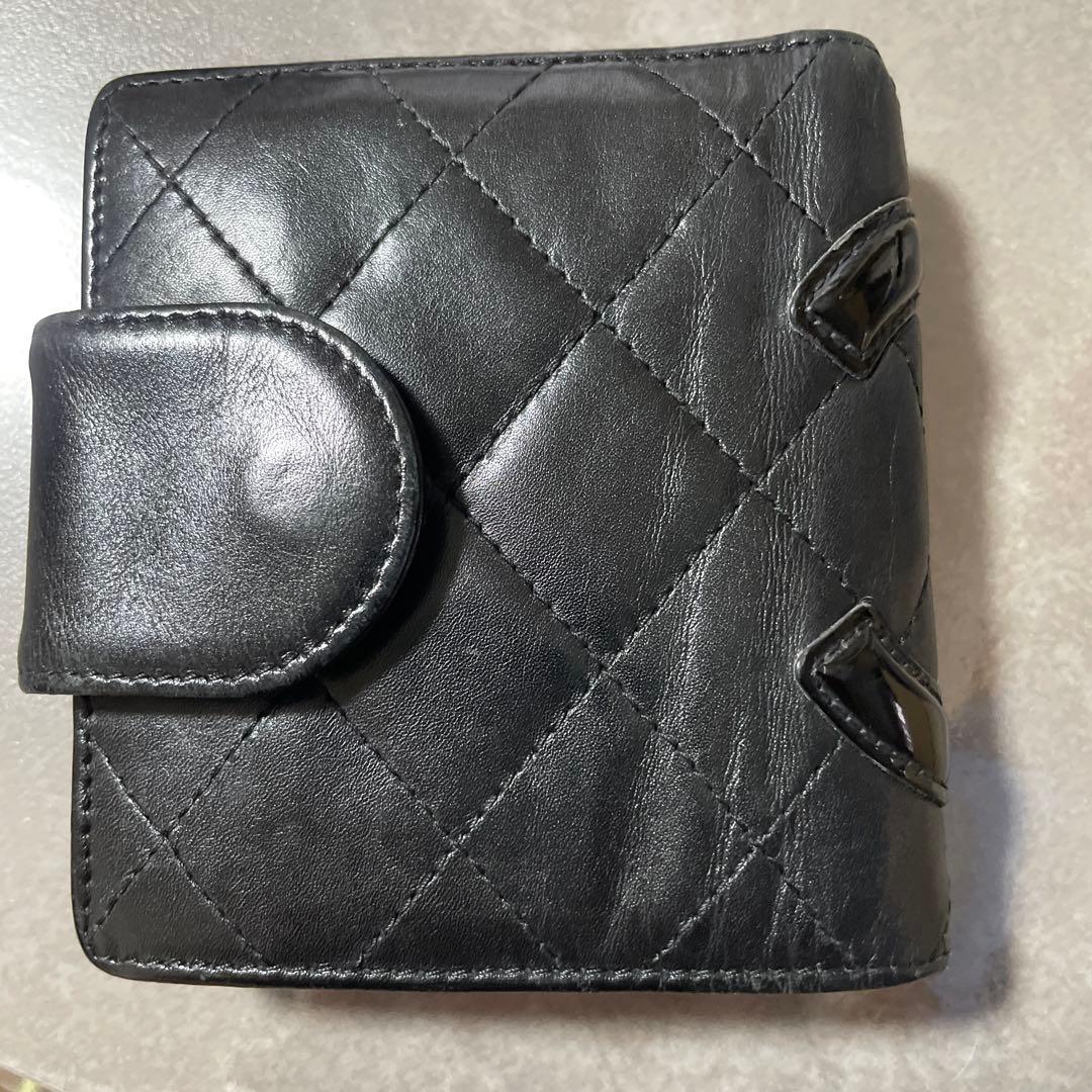 シャネル　カンボンライン　ラムスキン　がま口　折り財布　ブラック　ピンク