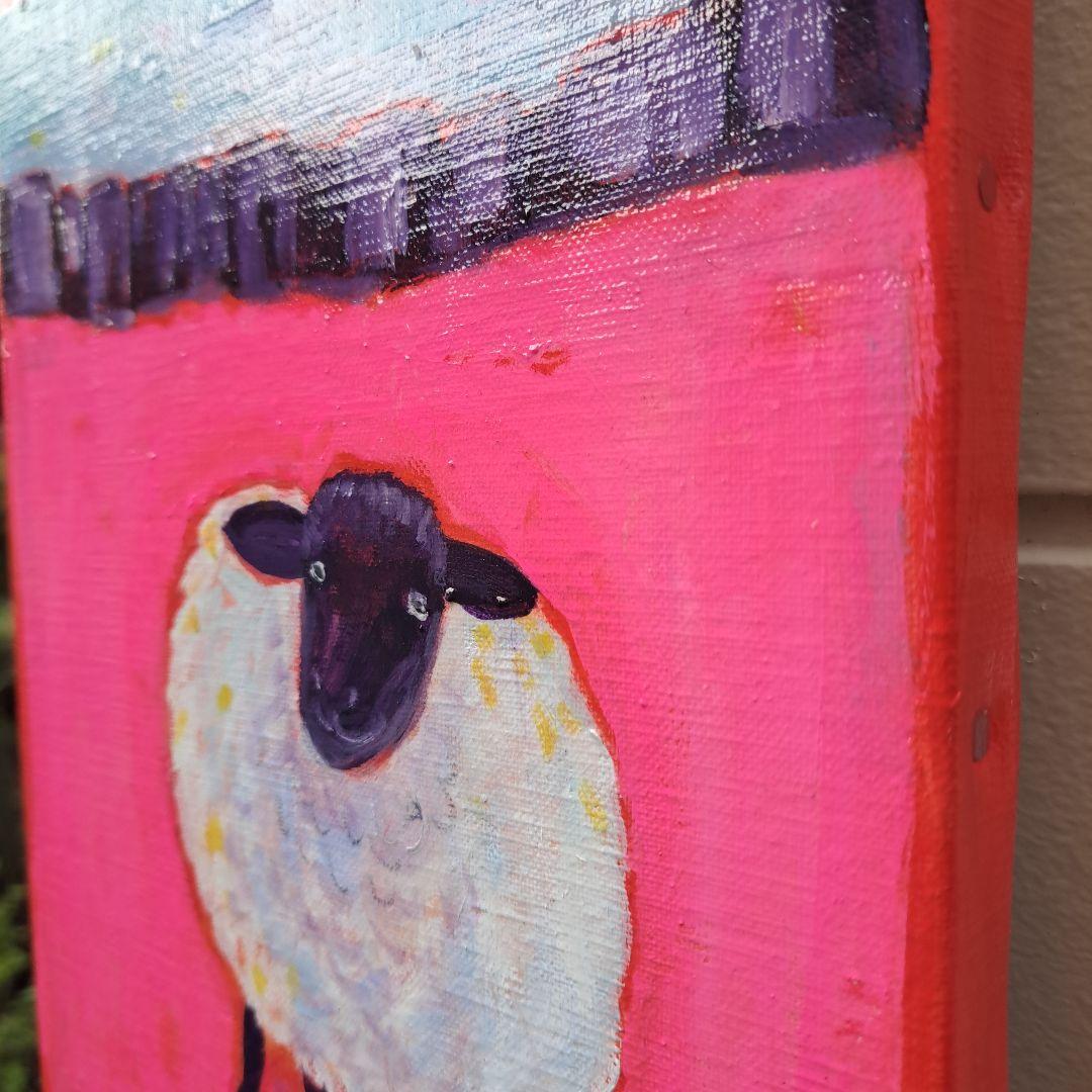 キャンバス油絵　　専用　旅をするサフォーク羊　岩山を越えて　小さめキャンバス