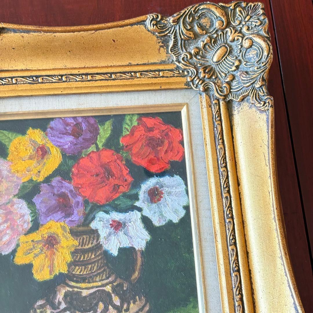 寺中靖直 油彩「花」 額装 和歌山県出身 新構造社委員 油絵 油画