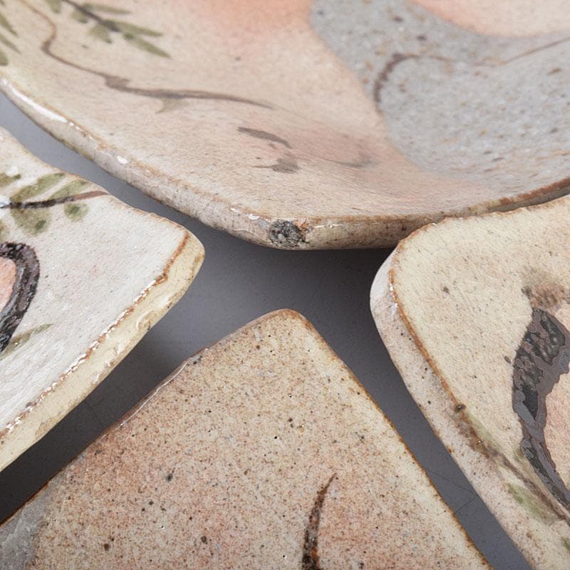 北大路魯山人作　鼠志野　四方皿　五客　共布　黒田陶々庵極め箱　M　R9064B