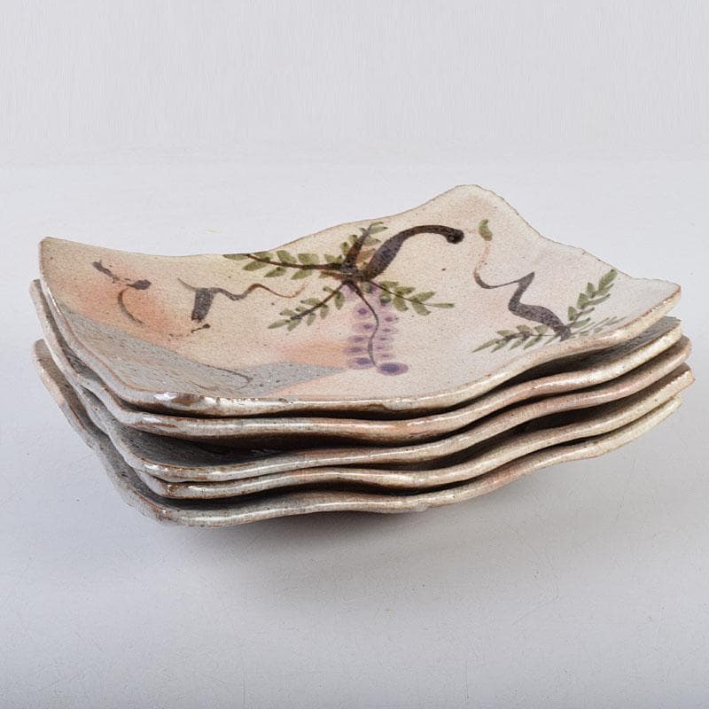 北大路魯山人作　鼠志野　四方皿　五客　共布　黒田陶々庵極め箱　M　R9064B