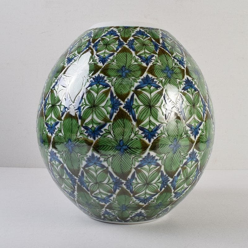 九谷焼　宮川哲爾造　色絵草花更紗文　壷　共布共箱　M　R9261H