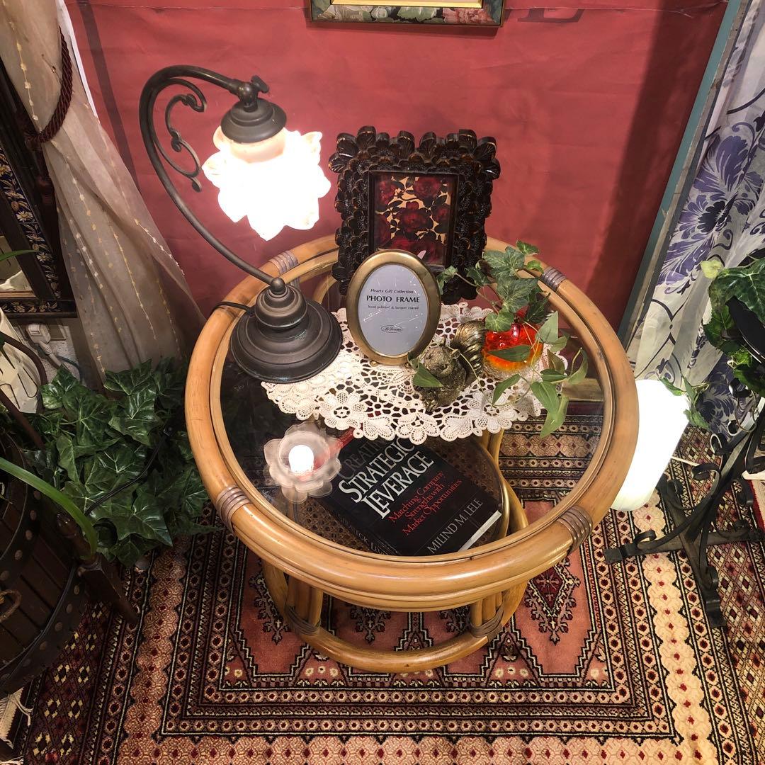 古家具　ヴィンテージ ナチュラル　籐ラタンフレーム サイドテーブル 丸テーブル