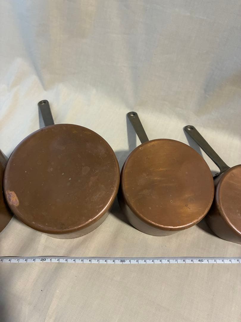 フランス アンティーク 壁掛け装飾に 軽い銅鍋6個セットコッパー 片手鍋 真鍮