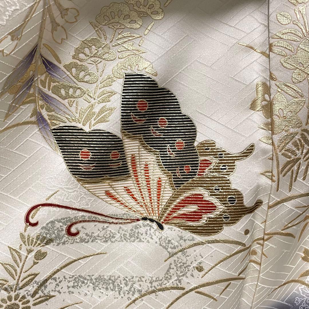 D771 振袖　蝶々　金駒刺繍　枝垂れ桜　正絹　着物　袷　極美品