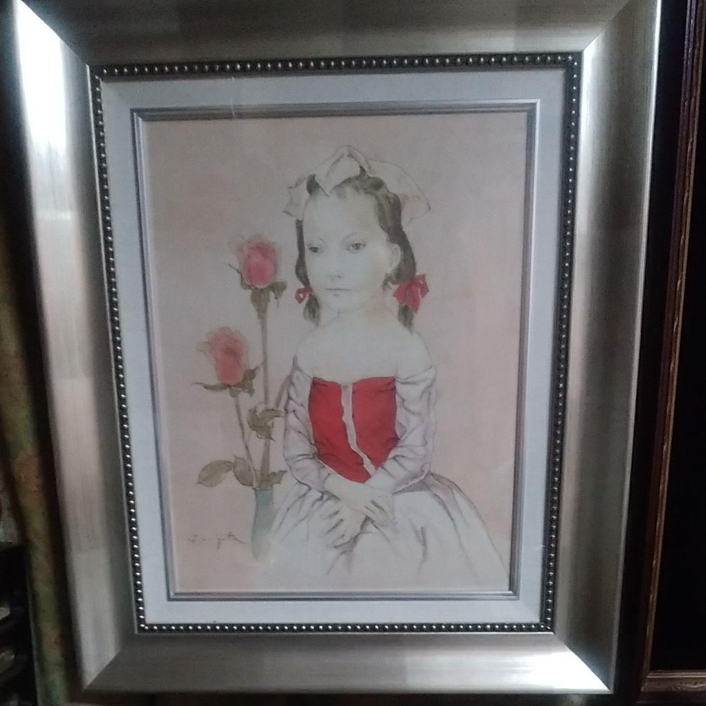 バラと少女 パステル画