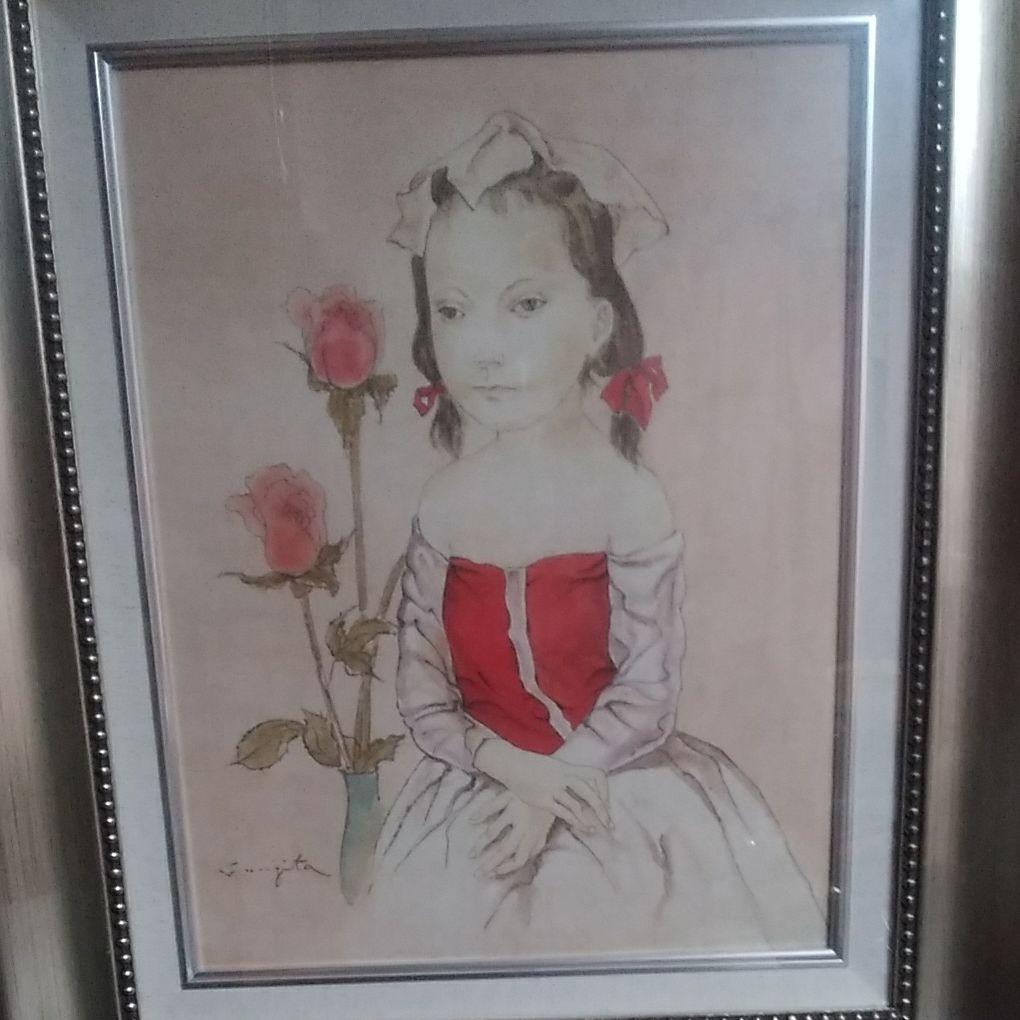 バラと少女 パステル画