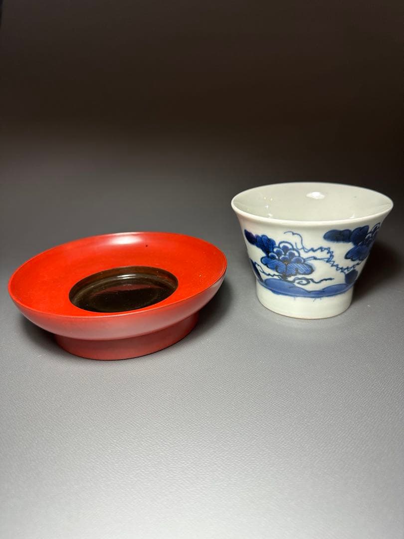 古伊万里　蝶　葡萄紋様　さそば猪口　輪島塗　茶托　5客セット　染付　朱漆