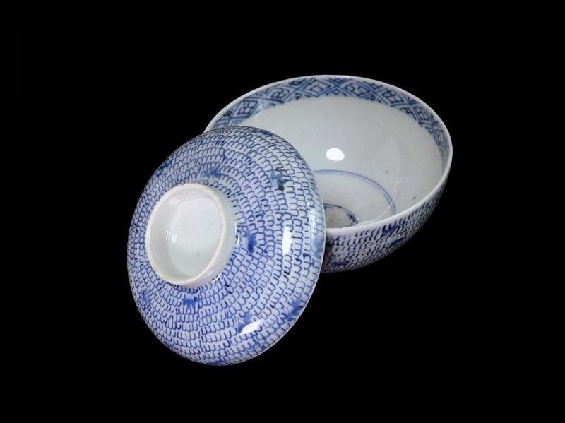 古伊万里　染付　微塵唐草の図　蓋茶碗　２客　C556AS-CWk