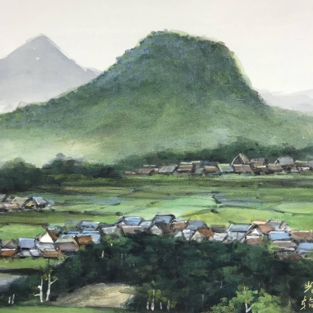 【真作】中島光輪/青緑山水図/風景図/横物/飛鳥の里/掛軸☆宝船☆AB-583