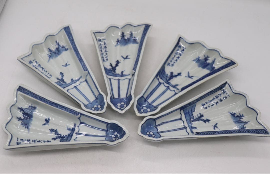 古染　半開き扇子型向付5点　山水人物紋　足付　送料込み251002