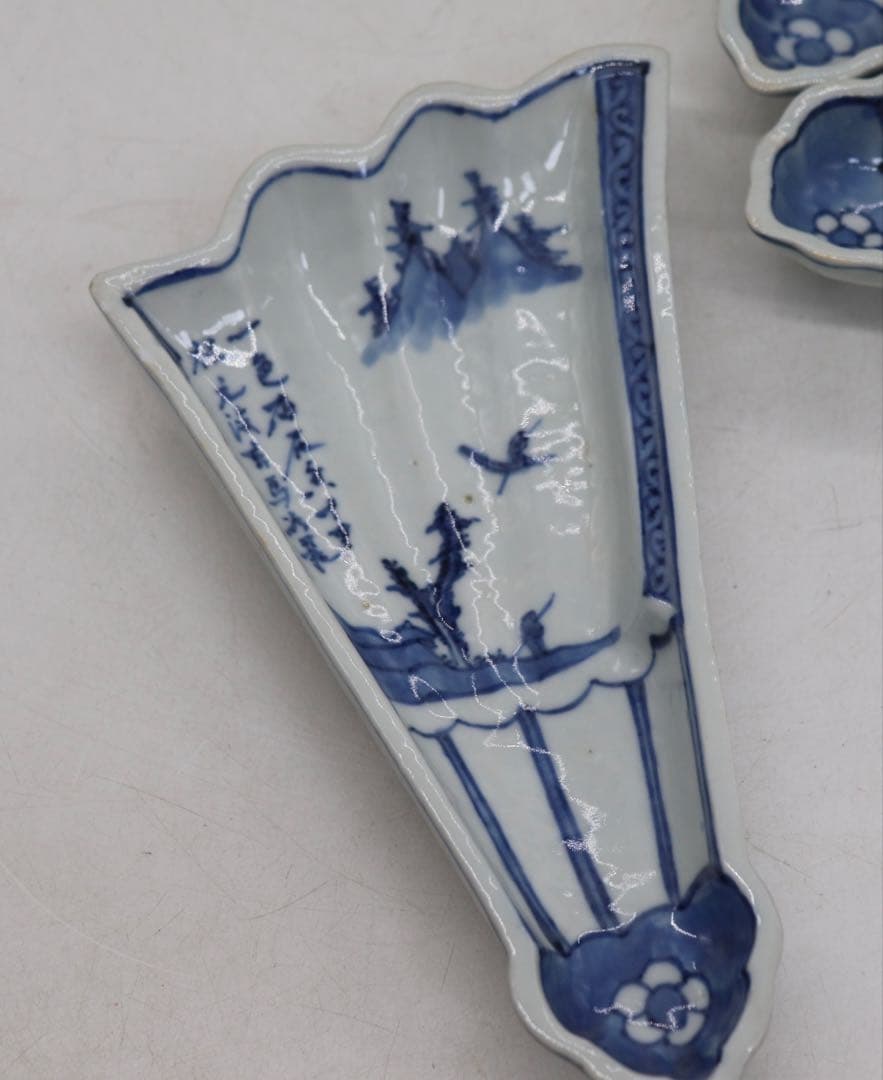 古染　半開き扇子型向付5点　山水人物紋　足付　送料込み251002