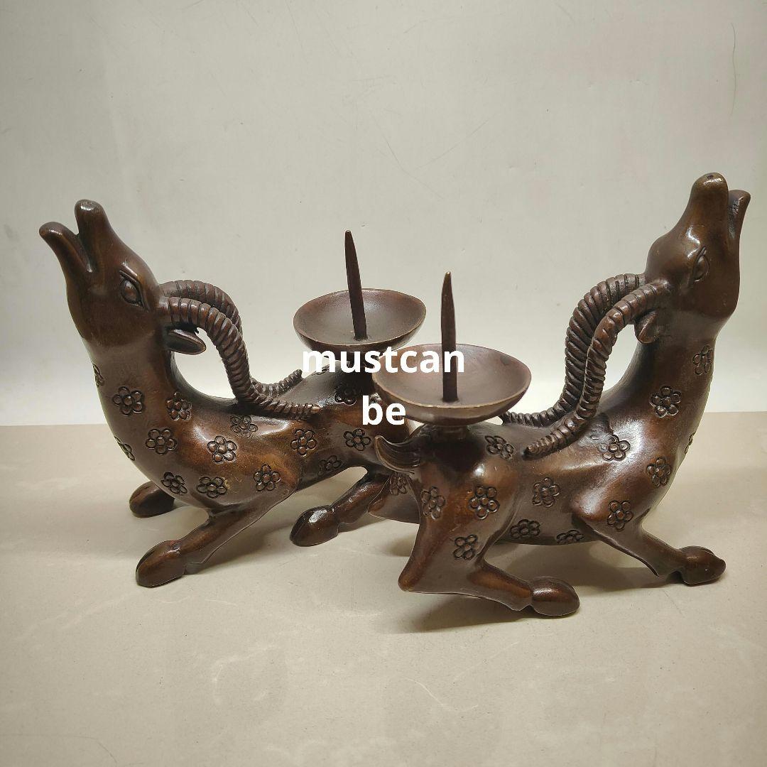 銅製 梅鹿燭台 美品 縁起物 仏堂置物 装飾品 工芸品