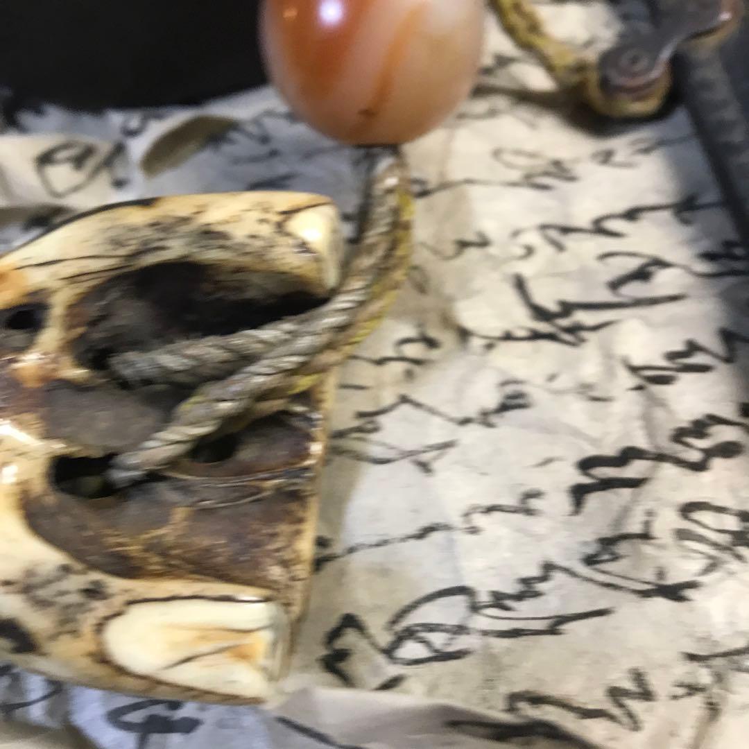 獣牙　根付　呪物　ニホンオオカミ　熊　煙草入れ　キセル　漆　緒締め　玉　メノウ