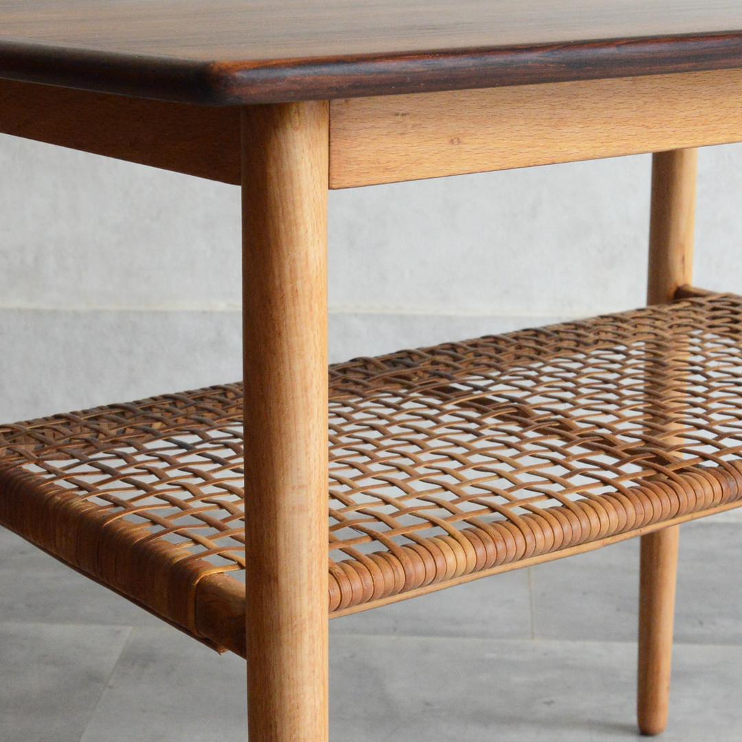 デンマーク 北欧ヴィンテージ サイドテーブル ローズウッド 北欧家具 ラタン棚付