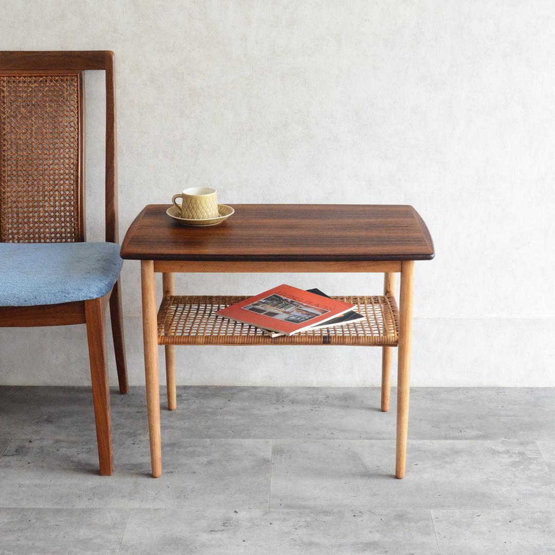 デンマーク 北欧ヴィンテージ サイドテーブル ローズウッド 北欧家具 ラタン棚付