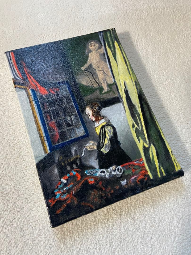 フェルメール　肉筆手描きの油絵模写画　窓辺で手紙を読む女