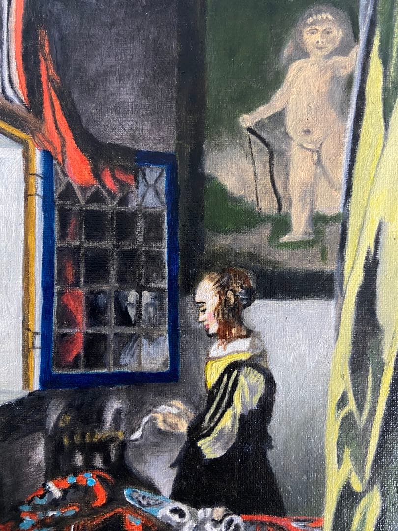 フェルメール　肉筆手描きの油絵模写画　窓辺で手紙を読む女