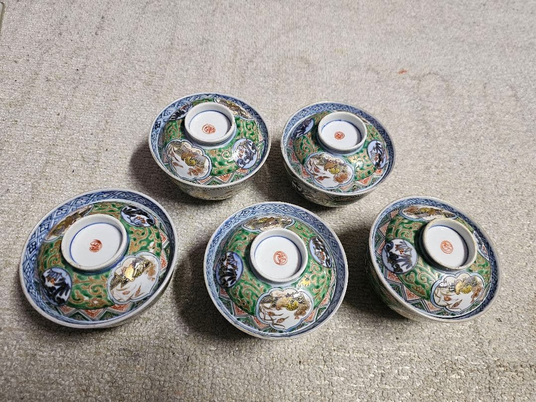 幕末明治 丸福 伊万里染錦蓋付き茶碗 五客 セット