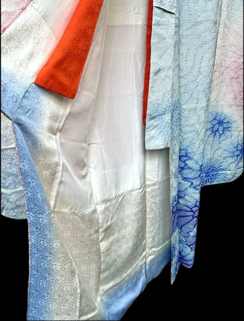 総絞り高級振袖　重ね衿付き　身丈 160cm　裄丈 67cm 青水色ピンク花柄