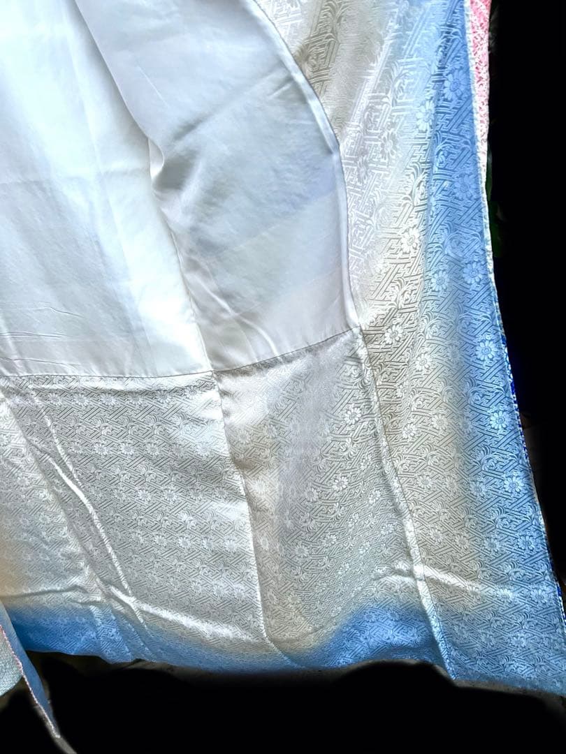 総絞り高級振袖　重ね衿付き　身丈 160cm　裄丈 67cm 青水色ピンク花柄