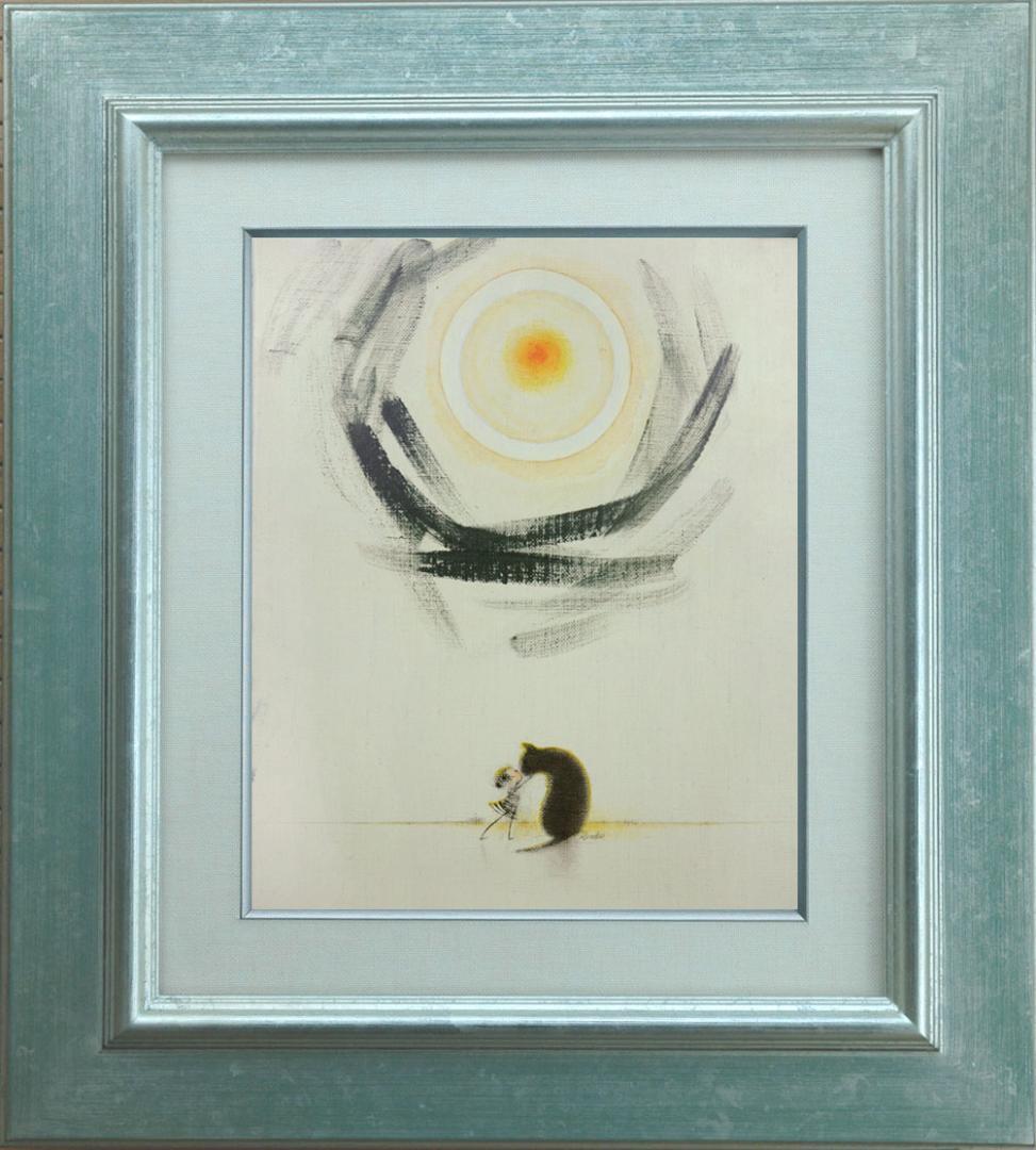 油絵 菅家令子 絵 絵画インテリア額付(銀) F3-092018 子犬子猫女の子