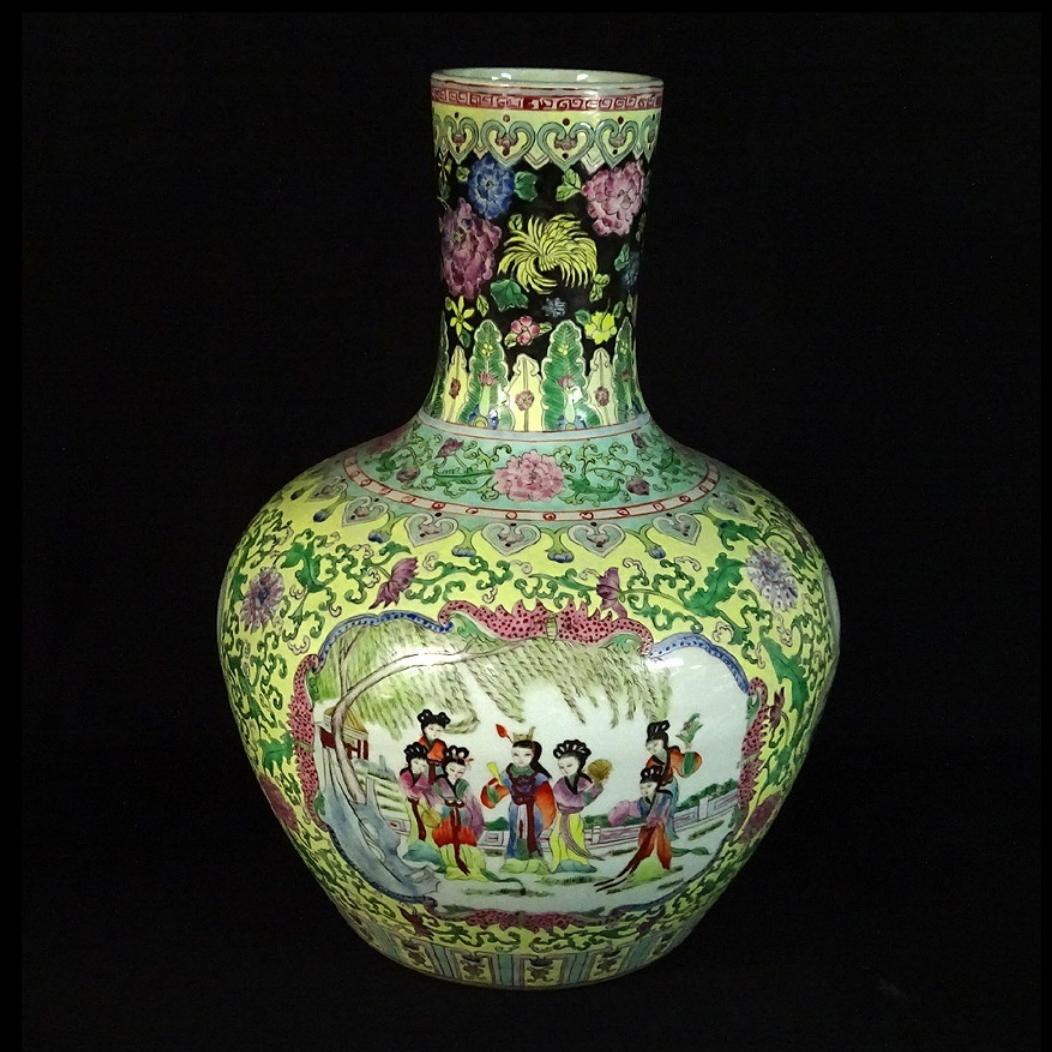 中国古玩 粉彩 天球瓶 大花瓶 高約52cm 時代物 唐物 x031135