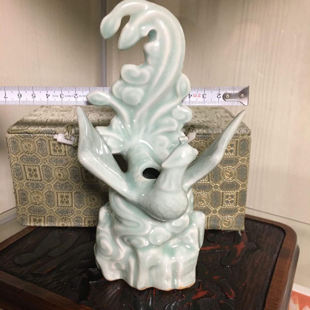 箱付き　中国龍泉窯　青磁　鳳凰　一輪挿し　花器　花瓶　オブジェ　インテリア