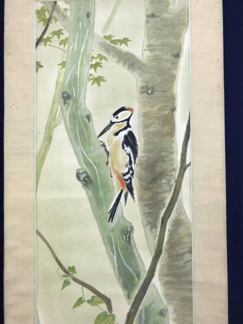 【真作】華章/キツツキ図/鳥図/花鳥図/掛軸/名家伝来/AD-261