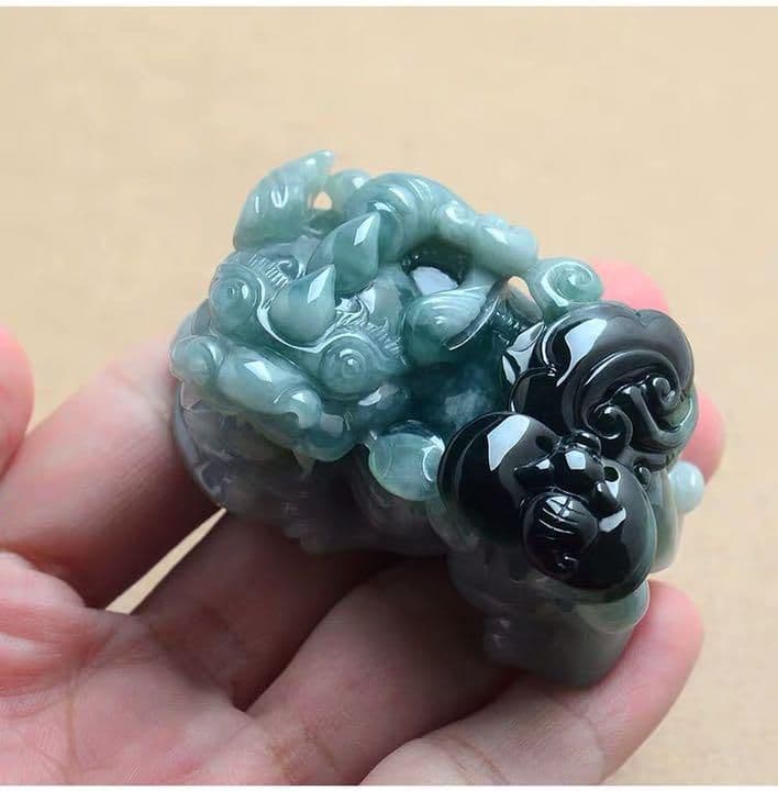 激レア 本翡翠 ミャンマー産青水翡翠 覇王貔貅 置物 ネックレス 鑑定書2点付