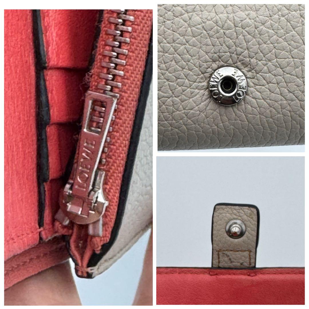 【美品】LOEWE 三つ折り財布 レザー グレージュ×コーラル　箱付き