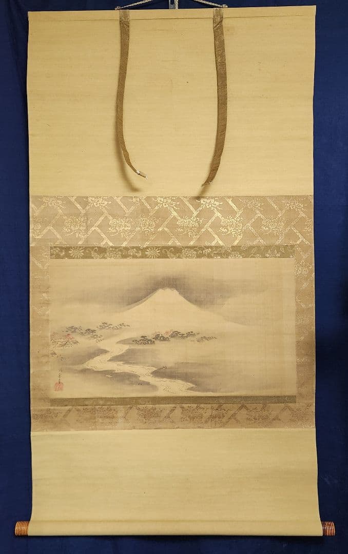 【富岳富士川下り図】狩野洞雲益信 1005 江戸狩野古画 掛け軸 肉筆