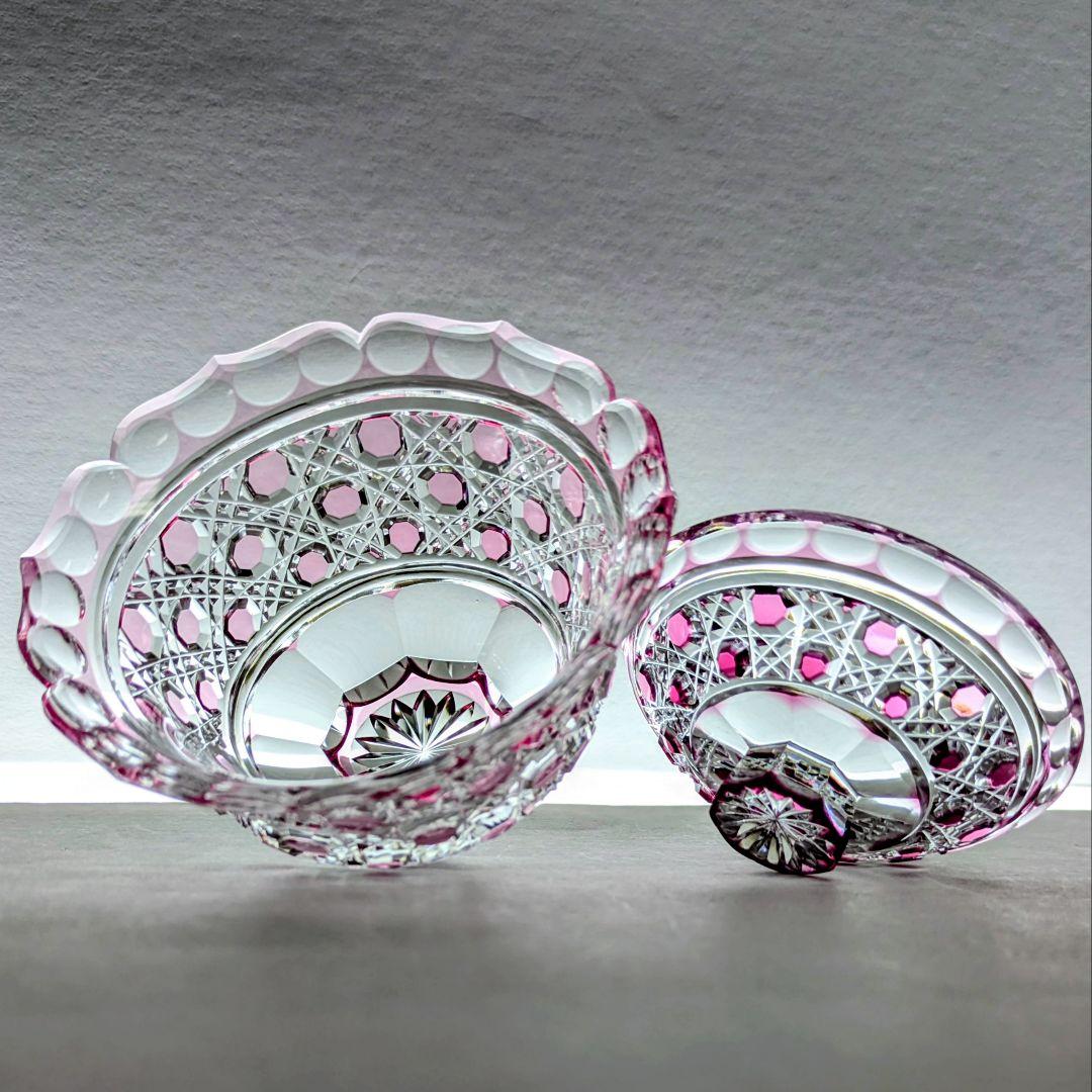 江戸切子　堀口硝子✩秀石　金赤色被せ　八角籠目 蓋物　【 美品 】