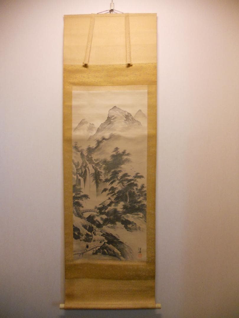 掛け軸 汀舟 水墨山水 絹本 希少 軸装 茶道具 掛軸 美品 です。