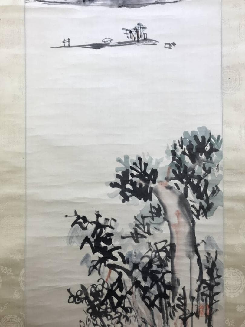 真作/永坂石タイ/山水画賛/湖畔図/嫁洲詩画/山水図/掛軸/名家伝来AH-569