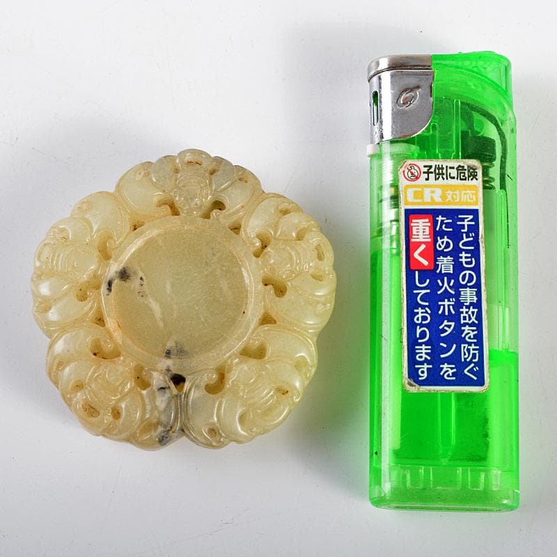 中国　玉石白玉彫刻　蝙蝠刻　玉器　玉壁　玉飾　玉珮　時代箱付　M　R5495