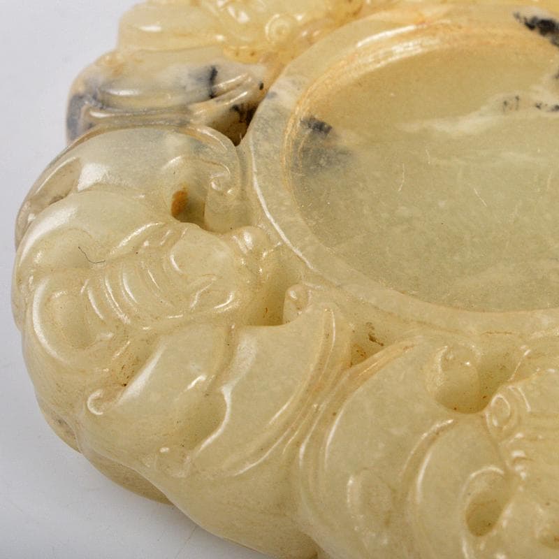 中国　玉石白玉彫刻　蝙蝠刻　玉器　玉壁　玉飾　玉珮　時代箱付　M　R5495