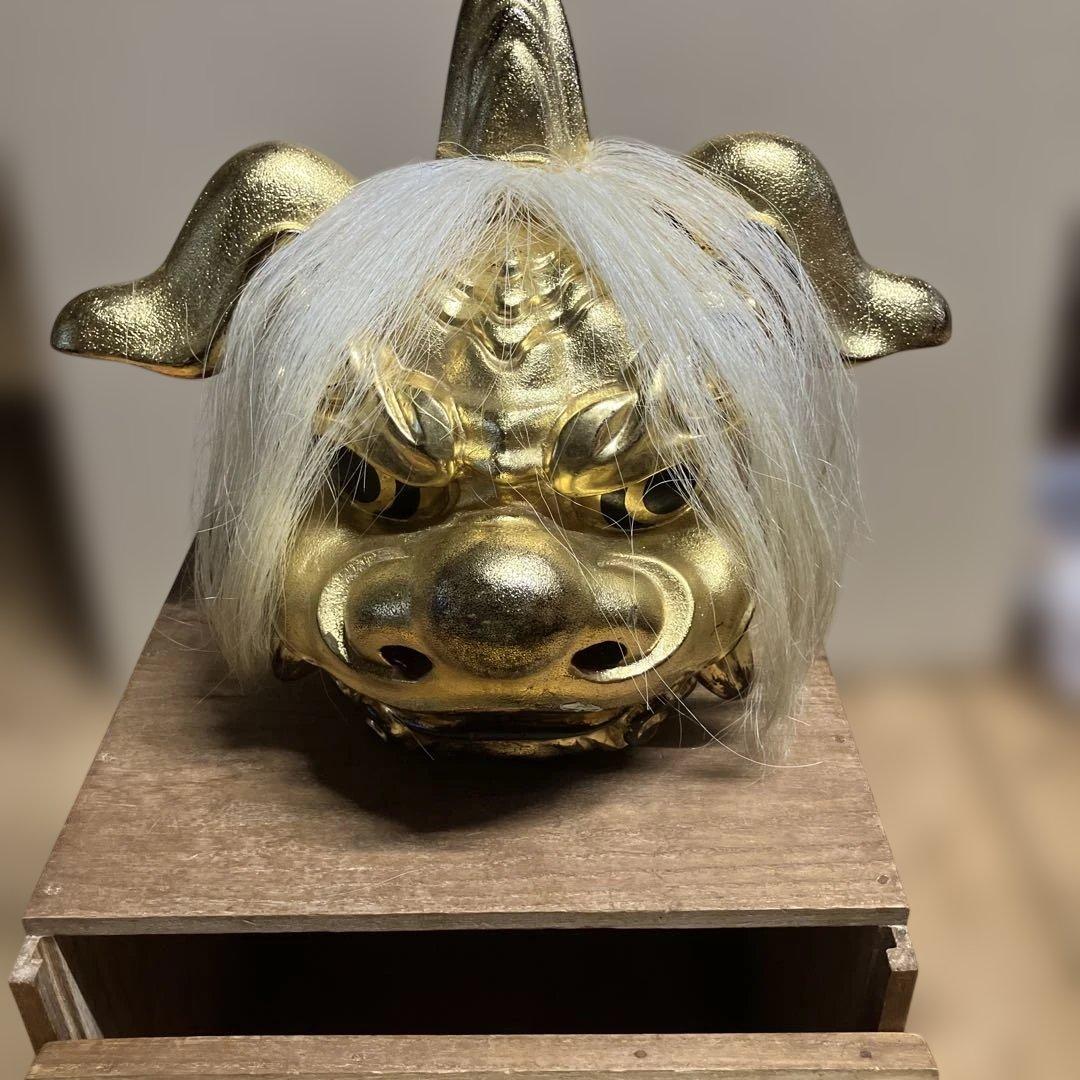 金塗り獅子頭部彫刻、富山県井波彫刻家　宮崎辰児作