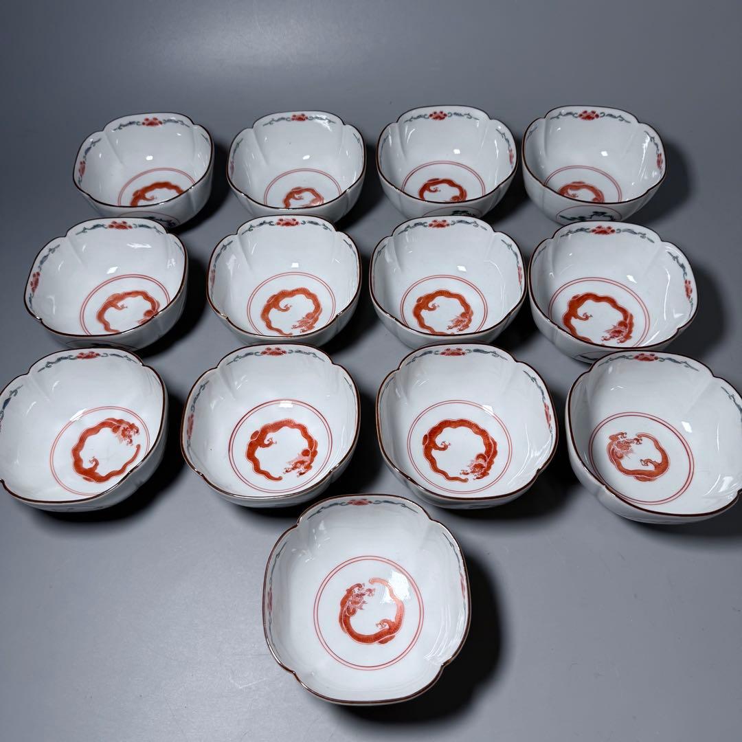 古伊万里　柿右衛門様式　向付　13客　赤絵龍図　竹に紅葉　梅　花蝶図　老松