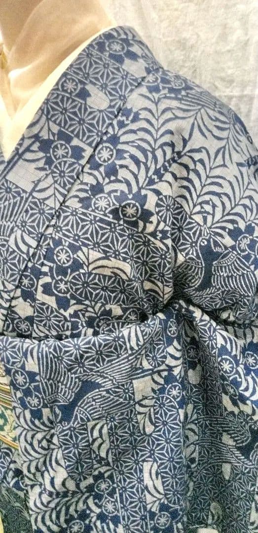 夏小紋綿両面藍染め、紺色型絵絣柄、手縫い