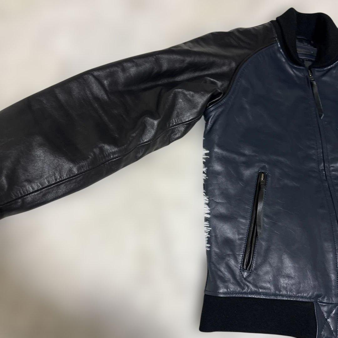 レザーシングルライダースジャケット ネイビー/ブラック　Lサイズ